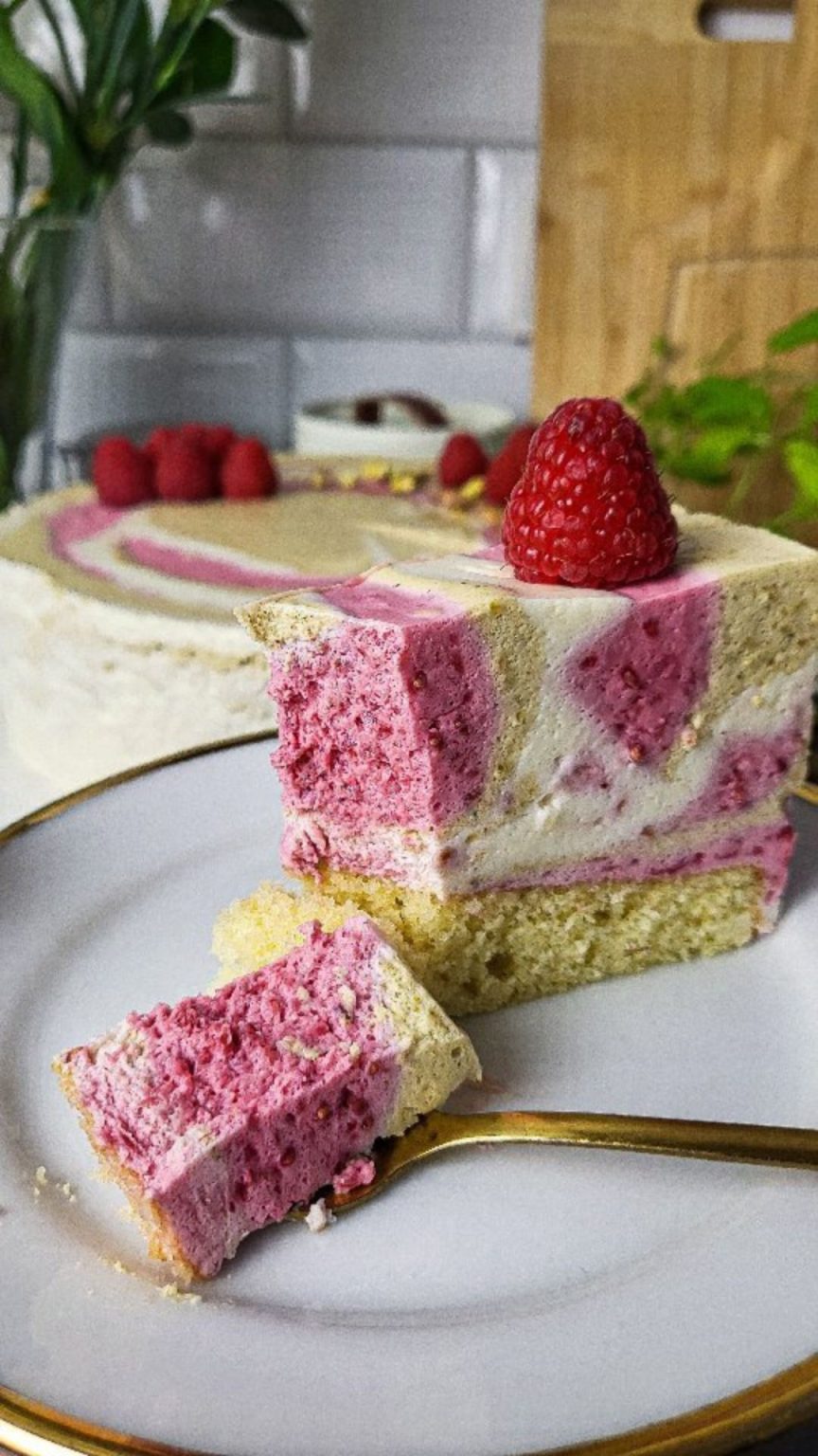 Pistachio Raspberry White Chocolate Mousse Cake - Maria's Kitchen