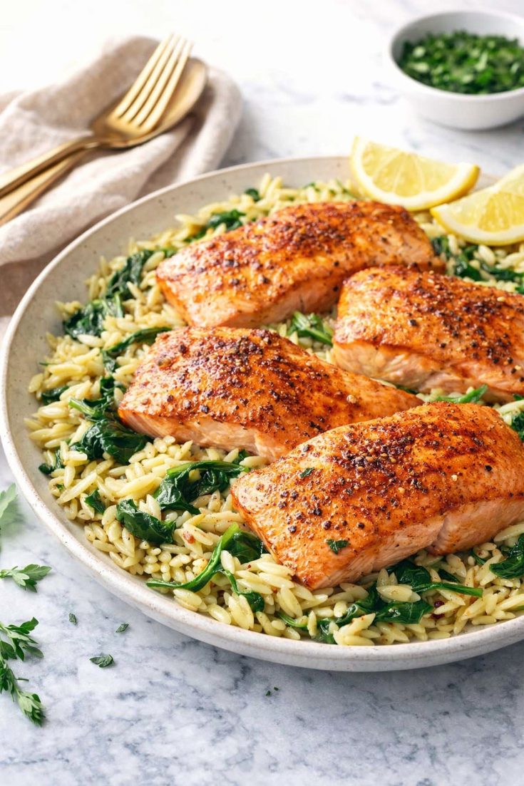 One Skillet Salmon with Lemon Orzo - Easy Healthy Summer Dinner Recipe