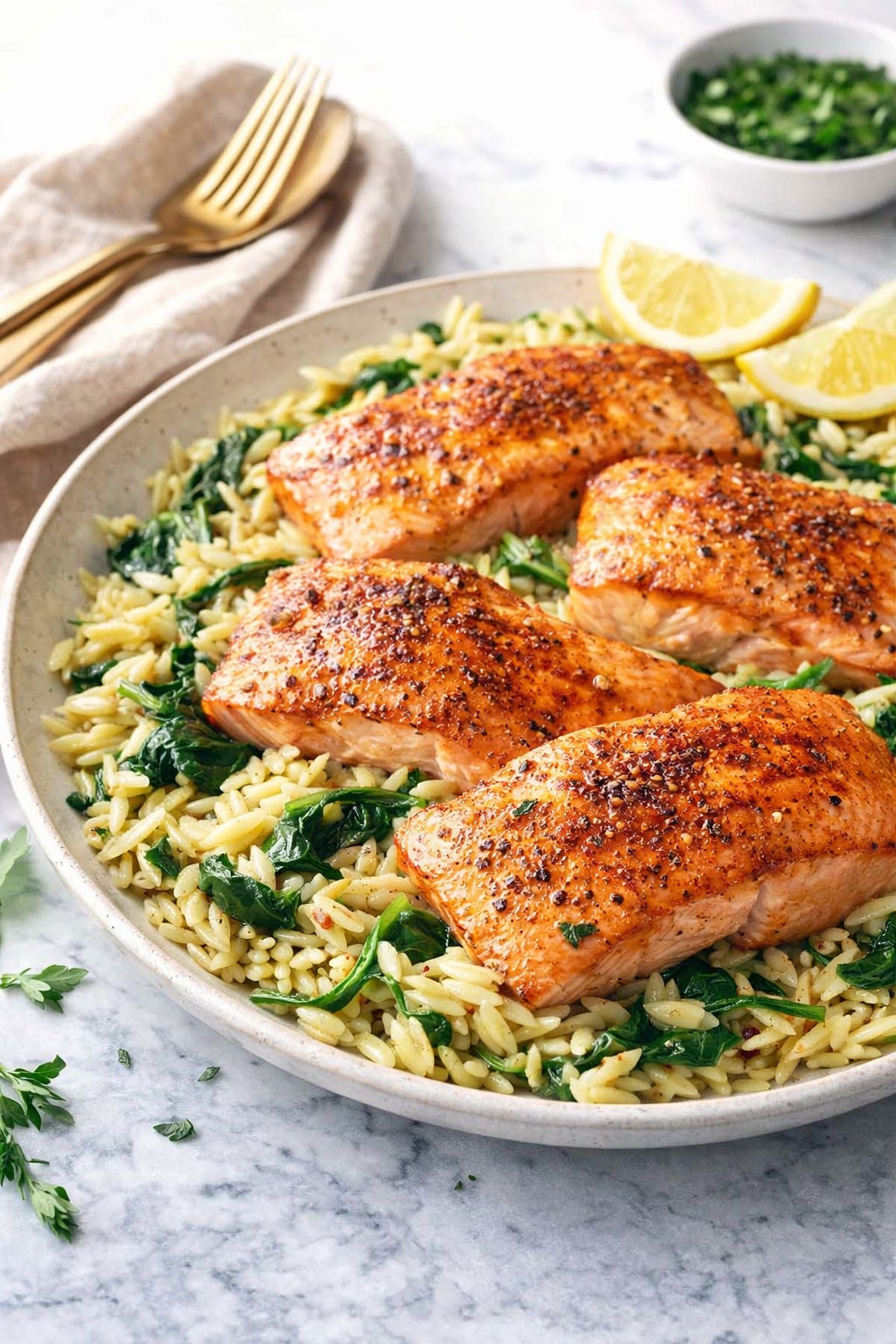 One Skillet Salmon with Lemon Orzo - Easy Healthy Summer Dinner Recipe