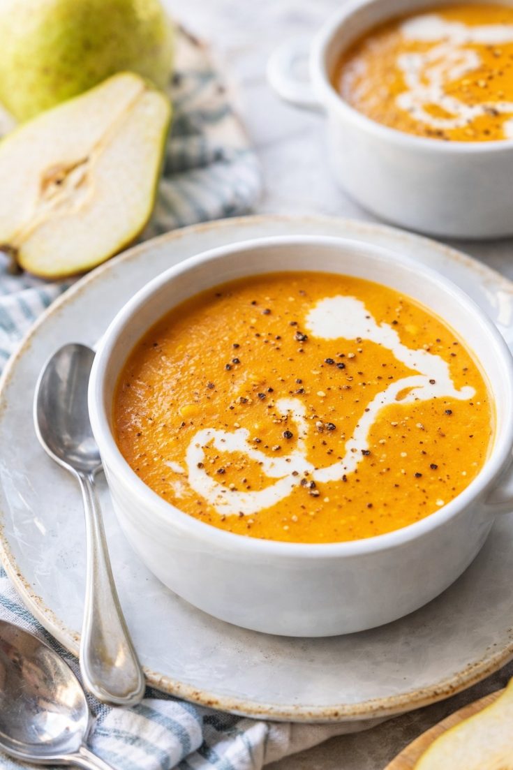Slow Cooker Butternut Squash Pear Soup - Comfort Clean Food Recipe Made Easy