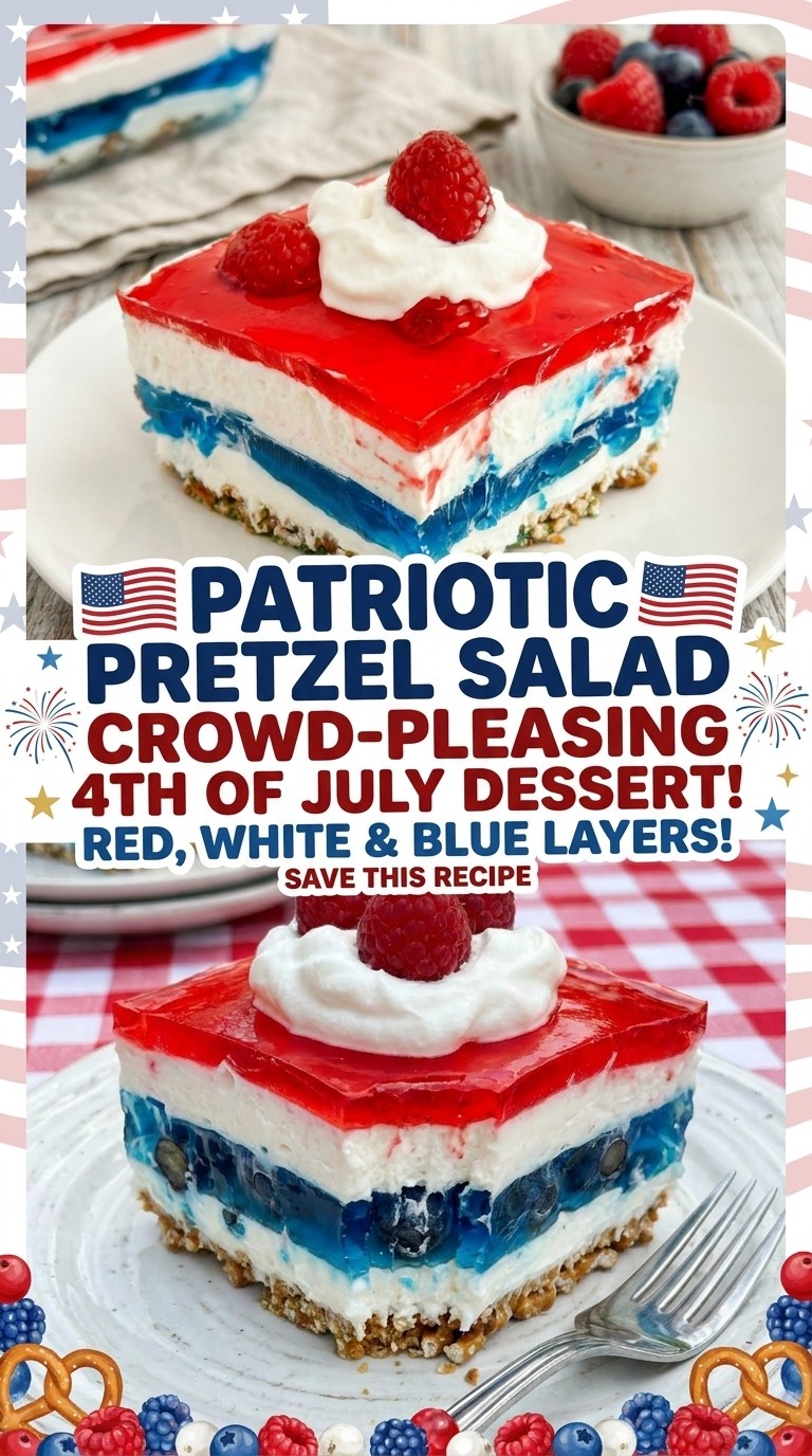 Looking for unforgettable Fourth Of July Dessert Ideas? This vibrant Red White And Blue Pretzel Salad is a standout Red White And Blue Dessert that blends crunchy, creamy, and fruity layers. It fits right in with your favorite Patriotic Party Food Recipes, whether paired with a Red White And Blue Fruit Tart or a fun 4th Of July Jello Salad. Great for busy hosts juggling a 4th Of July Food Crockpot, this is one of the best Cold 4th Of July Desserts to make ahead. A festive Patriotic Pretzel Salad guaranteed to impress!